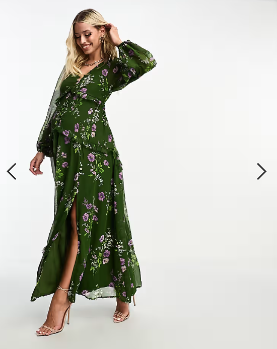 ASOS DESIGN Maternity button through pintuck maxi dress in green floral print