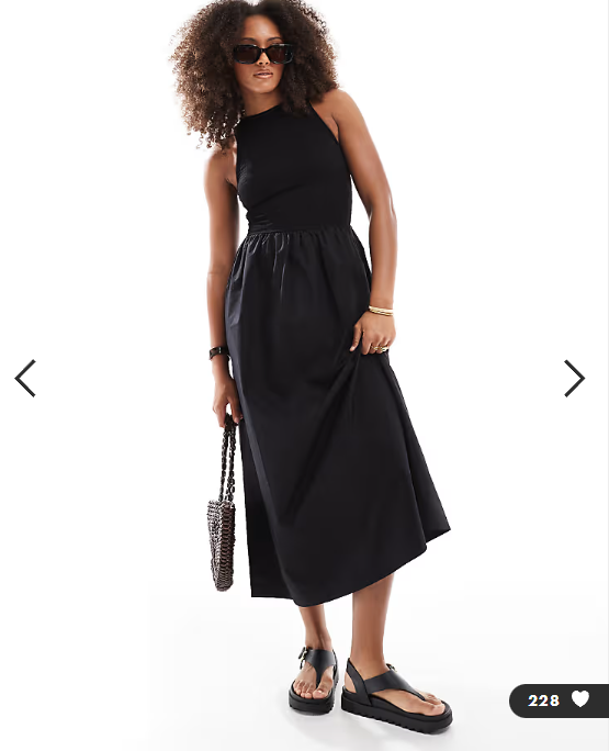 ASOS DESIGN racer neck crinkle bodice poplin skirt midi dress in black