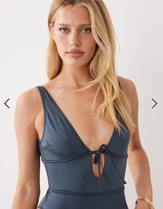 ASOS DESIGN Maya Bora Bora tie front low back swimsuit in charcoal