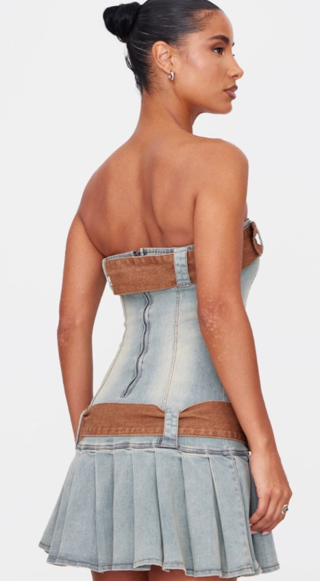 Plt - Vintage Western Belt Detail Pleated Denim Mini Dress