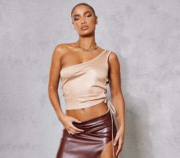 STONE MATTE SLINKY LACE UP SIDE CROP TOP