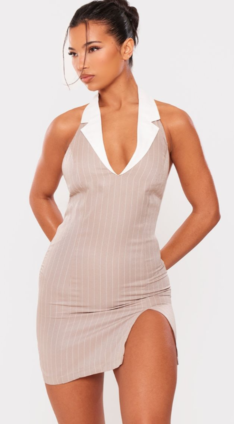 Stone Tailored Woven Pin Stripe Contrast Collar Bodycon Dress