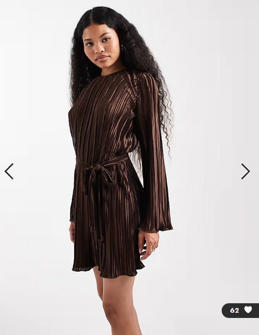 Vero Moda Petite tie waist plisse mini dress in chocolate