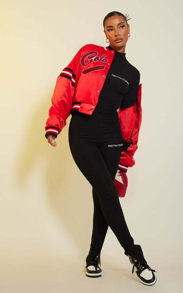 Black Crinkle Rib Half Zip Bodysuit