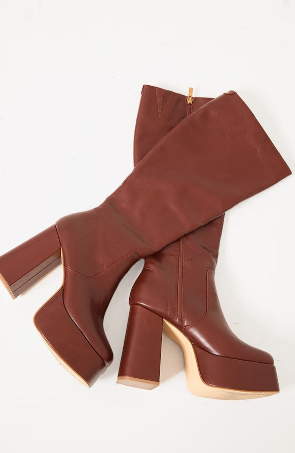 Chocolate Burnish PU 70s Platform Knee High Block Heel Boots