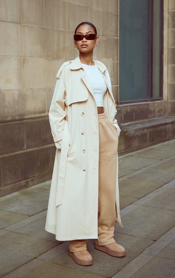 Stone Panel Detail Belted Trench Coat