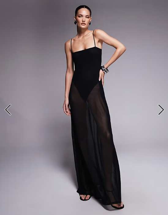 AFRM Shea sheer mesh bodysuit maxi dress in black