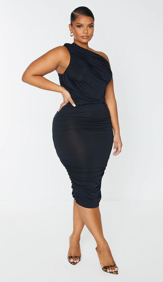 Plus Black Slinky Ruched One Shoulder Longline Midi Dress