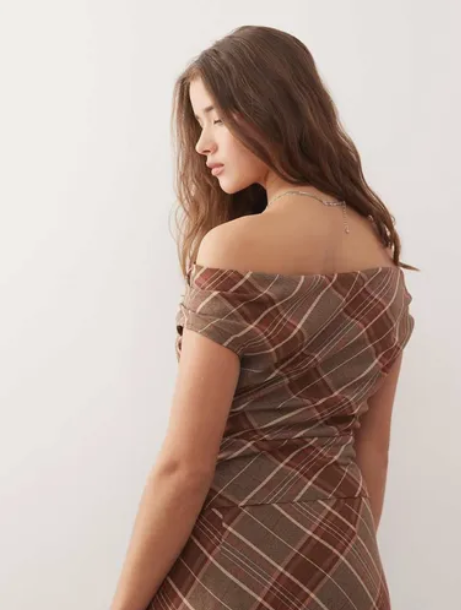 Reclaimed Vintage plaid print tailored off shoulder top in brown