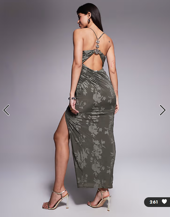 ASOS DESIGN cowl burnout halter maxi dress with gold hardware in khaki