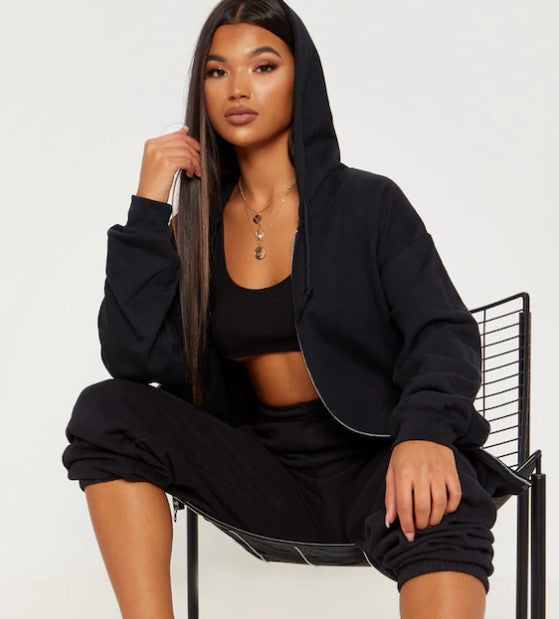 Black Oversized Zip Front Hoodie