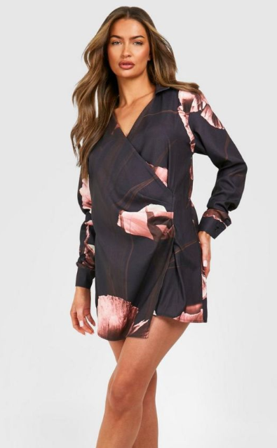 Boohoo -Dark Floral Satin Wrap Shirt Dress - black