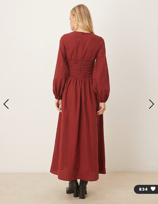 ASOS DESIGN poplin crew neck maxi dress with ruched waist and volume sleeve in burgundy