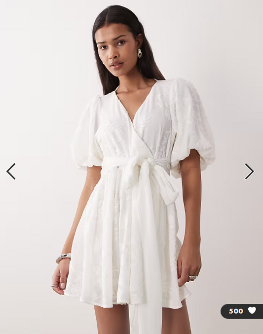 Gina Tricot embroidered mini dress with puff sleeves in off white