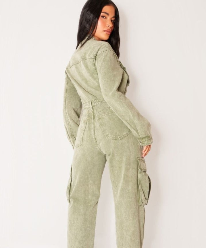 Petite Washed Green Denim Cargo Wide Leg Jumpsuit