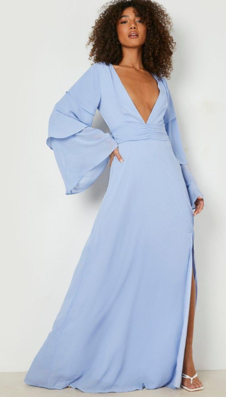Boohoo - Tall Bridesmaid Tiered Sleeve Occasion Maxi Dress - pastel blue