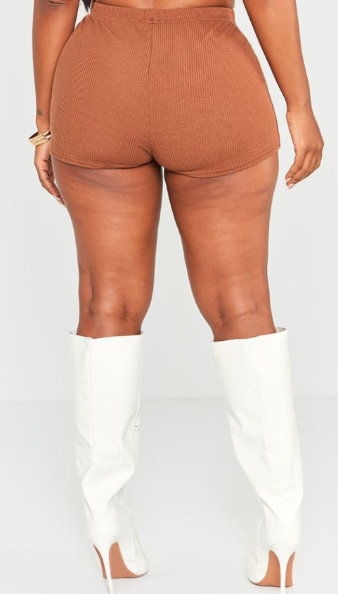 Shape Chocolate Brown Crinkle Rib High Waist Hot Pants