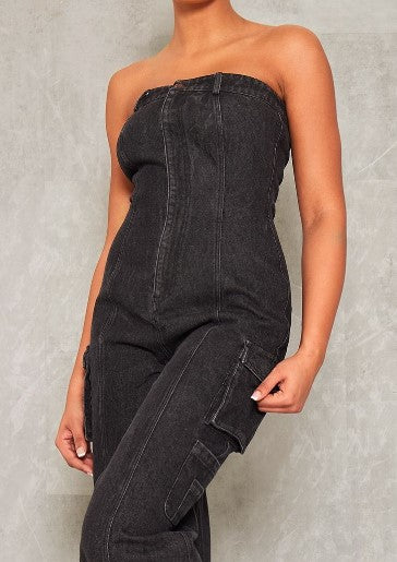 Tall Washed Black Bandeau Cargo Pocket Detail Jumpsuit