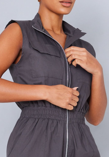 Charcoal High Neck Sleeveless Pocket Detail Utility Jumpsuit