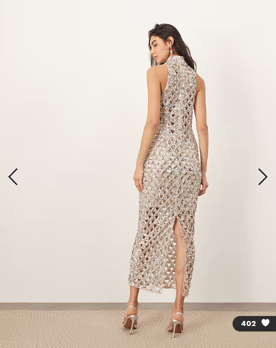 ARRANGE geo cut work embellished high neck column maxi dress in silver