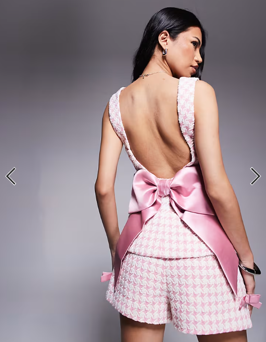 ASOS LUXE co-ord boucle corset top with bow back in pink gingham