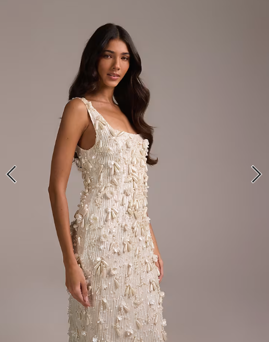 ASOS DESIGN pearl encrusted square neck maxi dress with beaded fringe in ivory