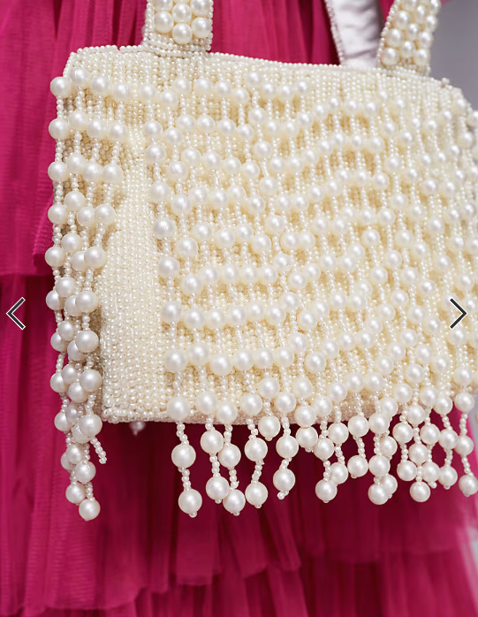 True Decadence pearl tassel beaded bag in white