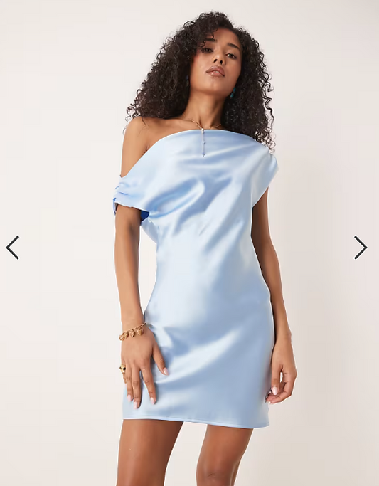ASOS DESIGN satin drape off shoulder mini dress in light blue