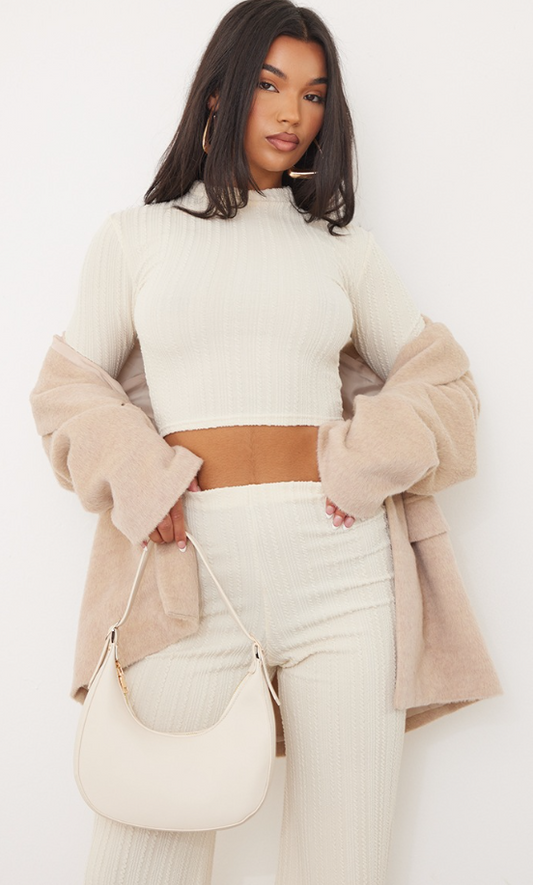 Cream Textured Ribbed High Waisted Wide Leg Trousers & top SET