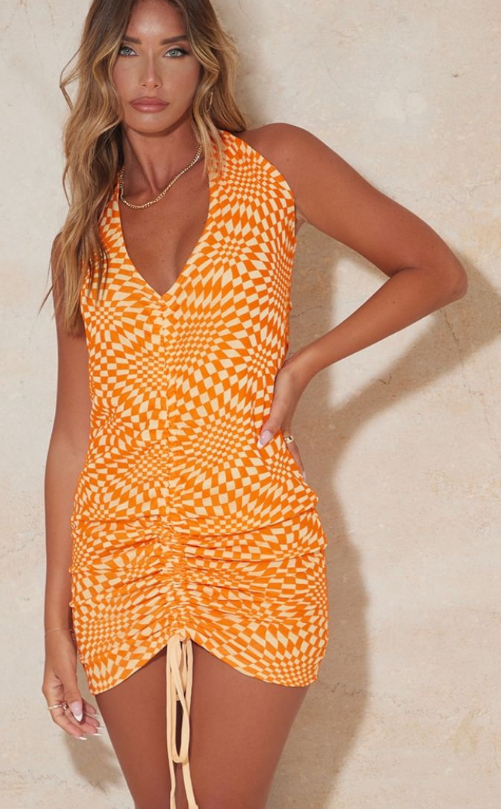 Orange Devore Mesh Ruched Cut Out Halterneck Bodycon Dress