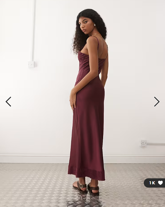 Reclaimed Vintage maxi cami satin slip dress with lace trims in fig