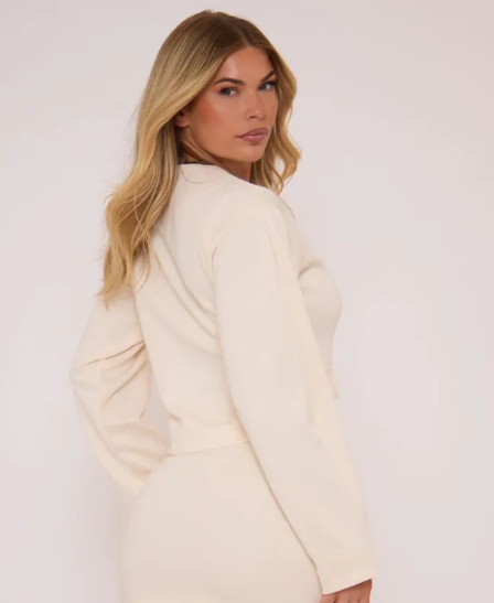 Long Sleeve Button Front Tailored Blazer In Cream