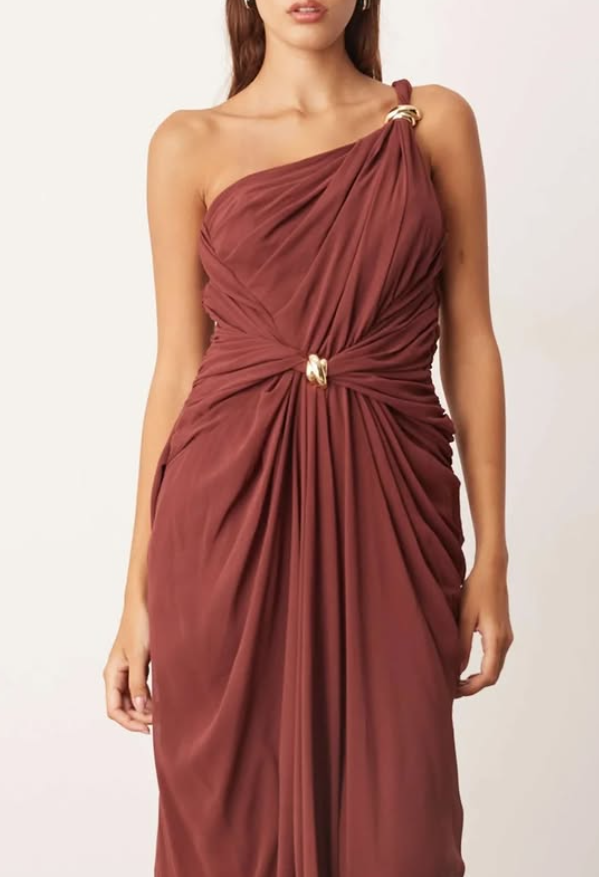 ARRANGE one shoulder draped twist detail maxi dress with metal trim detail in chocolate
