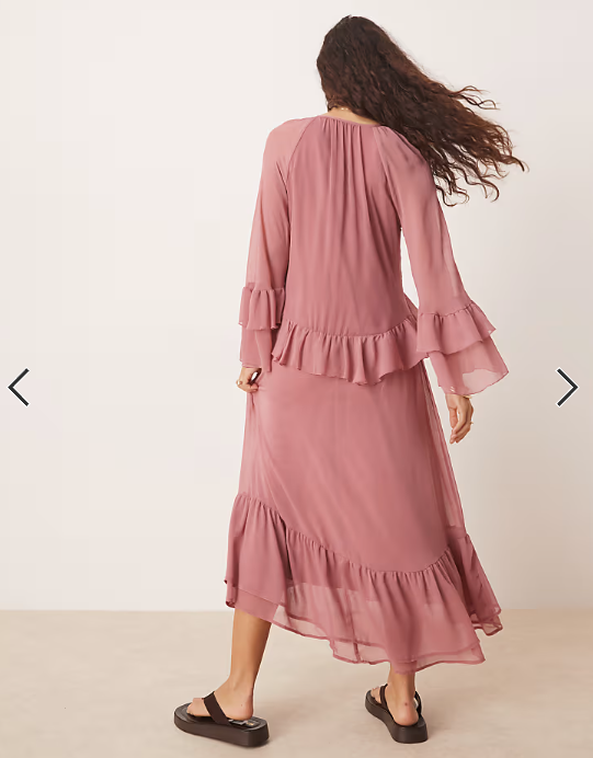 New Look ruffle hem chiffon long sleeve maxi dress in pink
