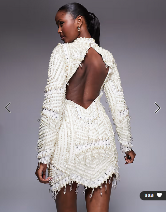 ASOS LUXE pearl embellished long sleeve mini dress in cream