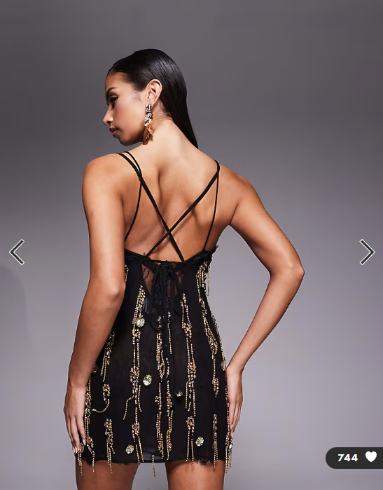 ASOS DESIGN brooch embellished mini dress with sheer lace lining in black