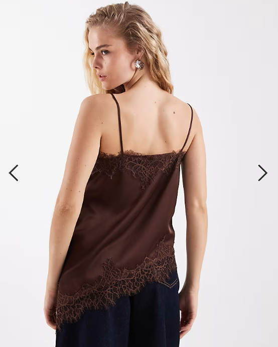 Vero Moda asymmetric lace trim satin cami top in brown
