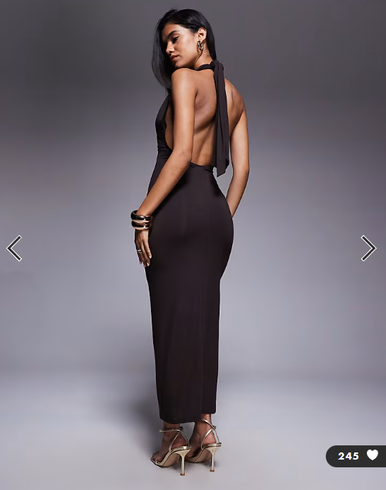 ASOS DESIGN wrap front halterneck midi dress with open back in chocolate