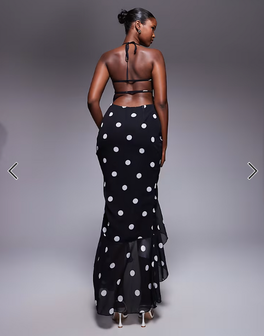 Murci exclusive halterneck deep plunge ruffle high low hem maxi dress in black polka dot