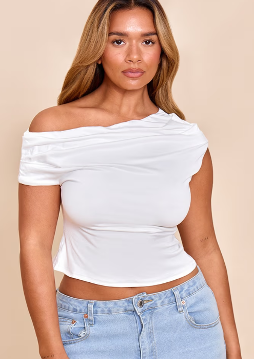 Plt - Shape White Striped Drape One Shoulder Top