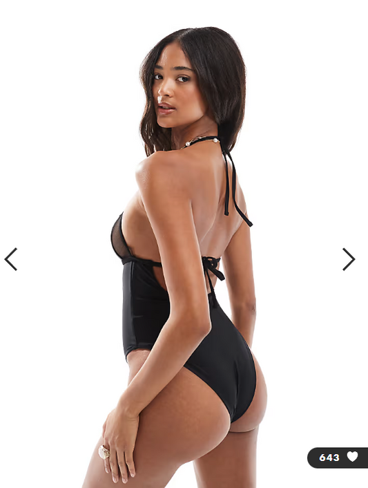 ASOS DESIGN Katie May mesh insert plunge swimsuit with tie back in black
