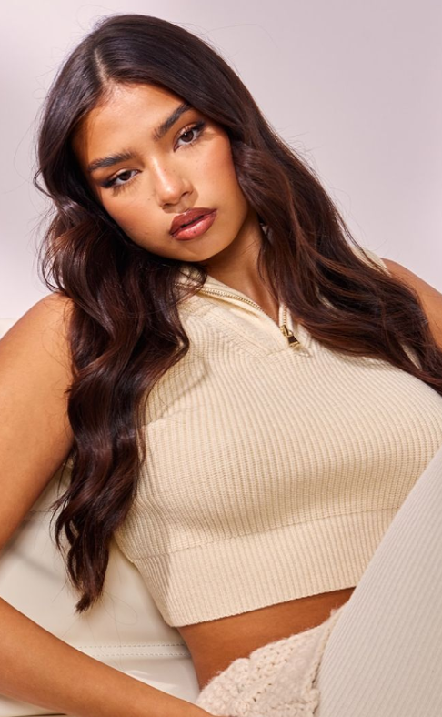 Plt - Oatmeal High Neck Half Zip Knit Sleevless Top