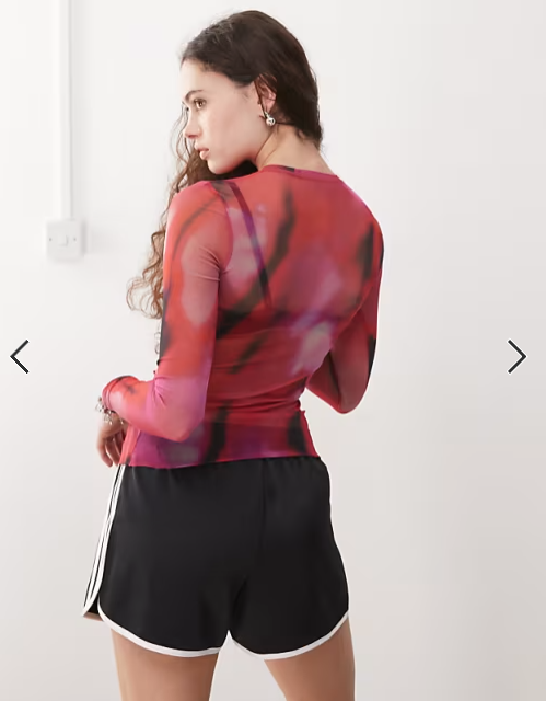 Weekday sheer mesh long sleeve top in pink print