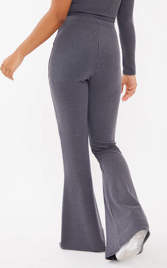 Charcoal Two Tone Crinkle Rib Skinny Flared Trousers