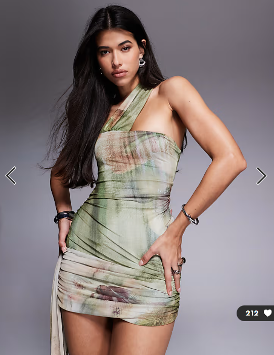 ASOS DESIGN mesh one shoulder with drape detail mini dress in abstract palm print