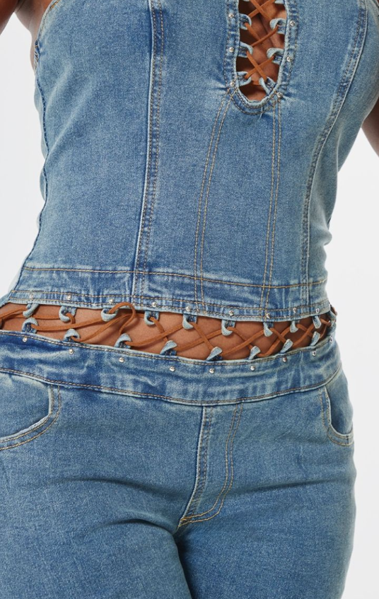 Shape Light Blue Wash Denim Bandeau Lace Up Detail Jumpsuit