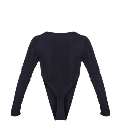 Black Stretch Woven High Rise Plunge Long Sleeve Bodysuit