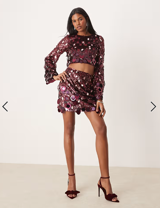 ASOS EDITION embellished sequin long sleeve crop top co-ord in burgundy