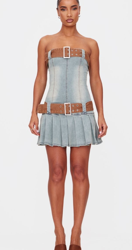 Plt - Vintage Western Belt Detail Pleated Denim Mini Dress