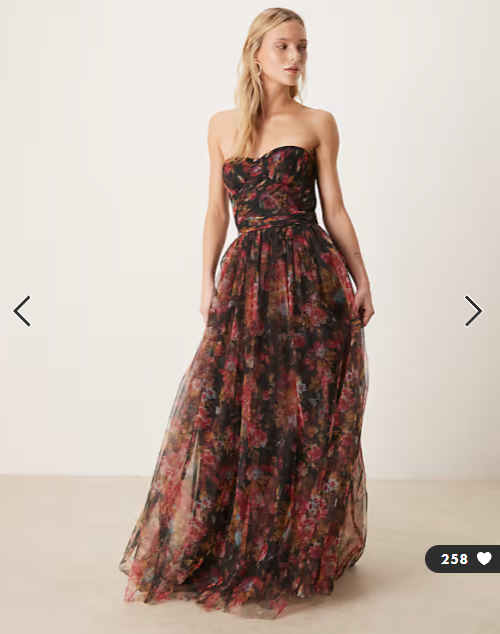 Lace & Beads Petite scarf neck corset tulle maxi dress in black floral print